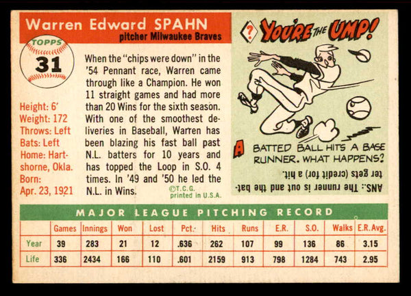 1955 Topps Baseball #031 Warren Spahn Braves EX 539042