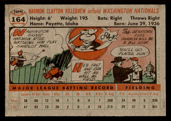 1956 Topps Baseball #164 Harmon Killebrew Senators EX+/EX-MT Gray 539060