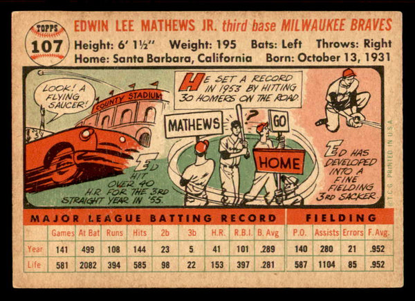 1956 Topps Baseball #107 Eddie Mathews Braves EX White 539091