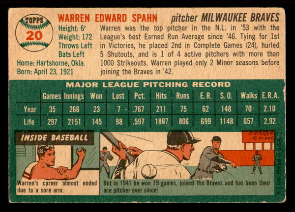 1954 Topps Baseball #020 Warren Spahn Braves VG-EX 539113