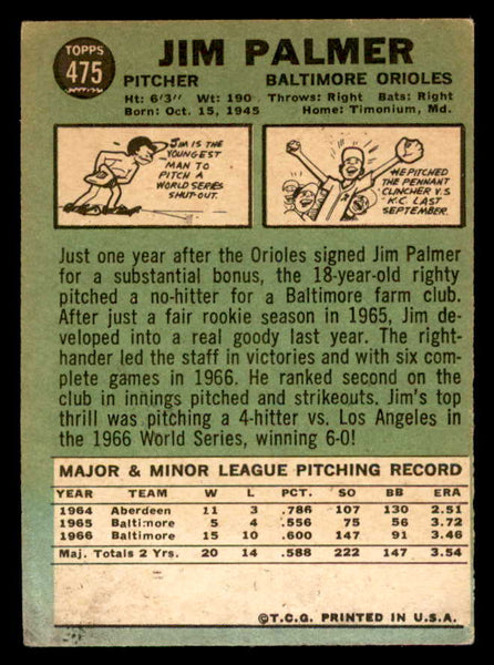 1967 Topps Baseball #475 Jim Palmer Orioles VG-EX 539196