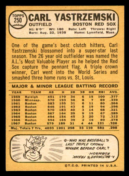 1968 Topps Baseball #250 Carl Yastrzemski Red Sox NR-MT 539237