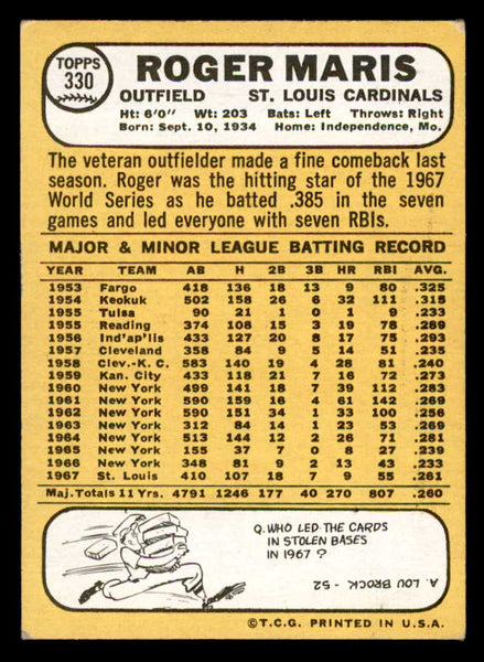 1968 Topps Baseball #330 Roger Maris Cardinals EX+/EX-MT 539247
