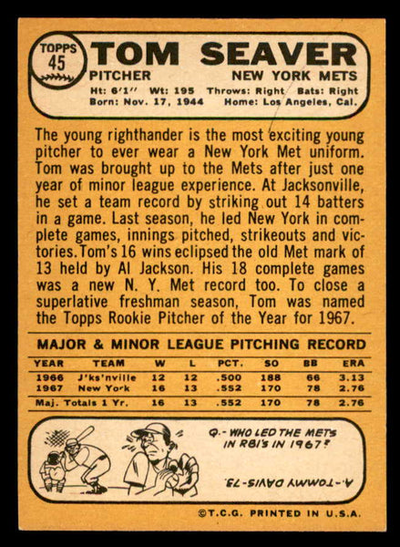 1968 Topps Baseball #045 Tom Seaver Mets NR-MT 539252