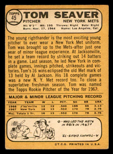 1968 Topps Baseball #045 Tom Seaver Mets VG-EX 539253