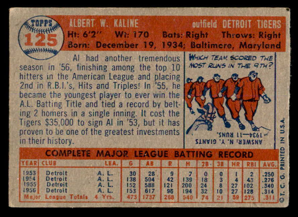 1957 Topps Baseball #125 Al Kaline Tigers EX 539338