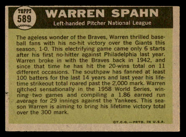 1961 Topps Baseball #589 Warren Spahn A.S. Braves EX+/EX-MT 539365