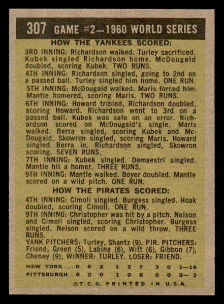 1961 Topps Baseball #307 World Series Game 2 Mickey Mantle EX-MT 539378