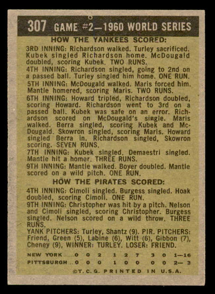 1961 Topps Baseball #307 World Series Game 2 Mickey Mantle EX-MT 539379
