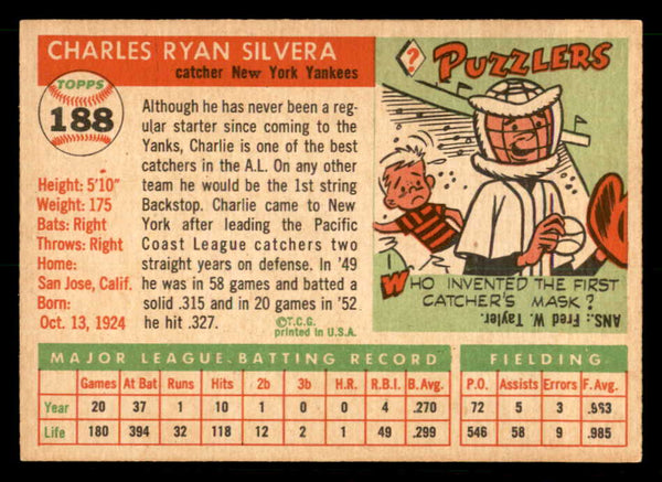 1955 Topps Baseball #188 Charlie Silvera Yankees EX-MT 539515