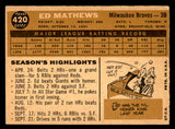 1960 Topps Baseball #420 Eddie Mathews Braves VG-EX 539572