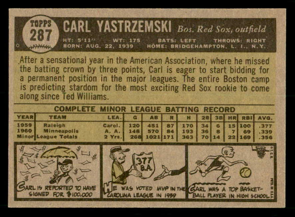 1961 Topps Baseball #287 Carl Yastrzemski Red Sox EX-MT 539587