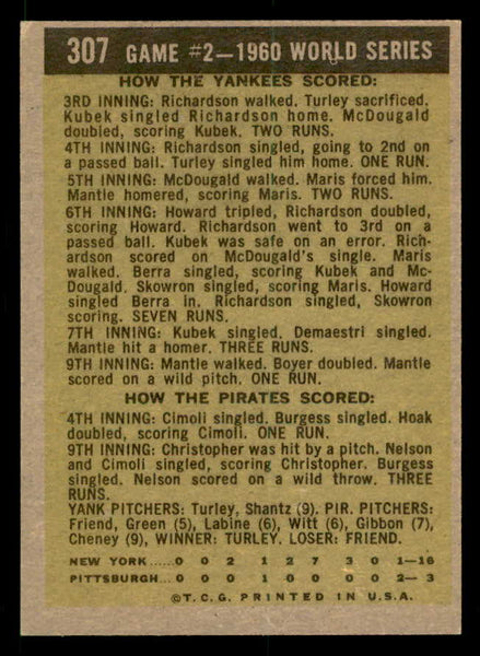 1961 Topps Baseball #307 World Series Game 2 Mickey Mantle EX-MT 539590