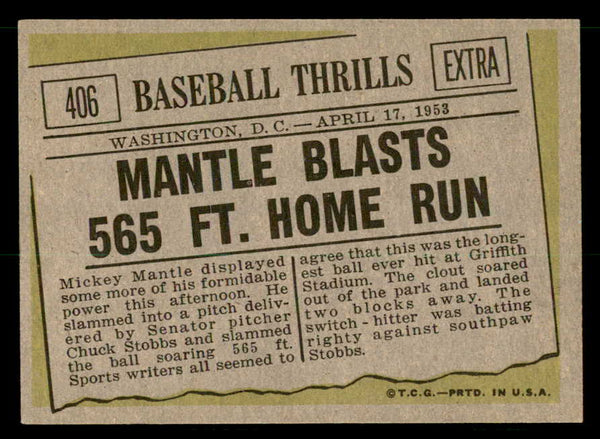 1961 Topps Baseball #406 Mickey Mantle IA Yankees EX-MT 539615