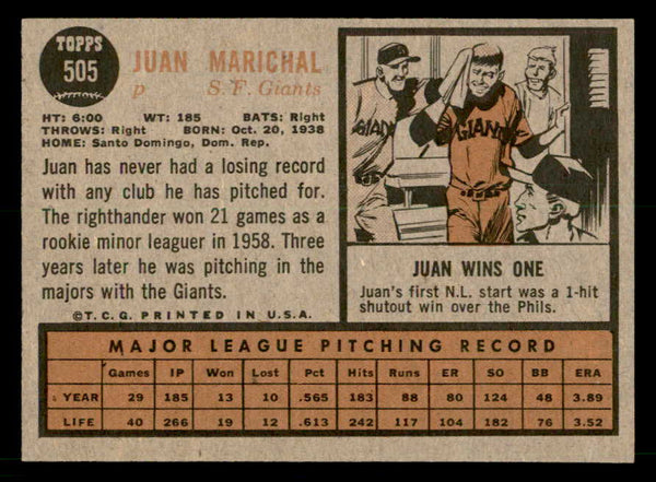1962 Topps Baseball #505 Juan Marichal Giants EX-MT 539623