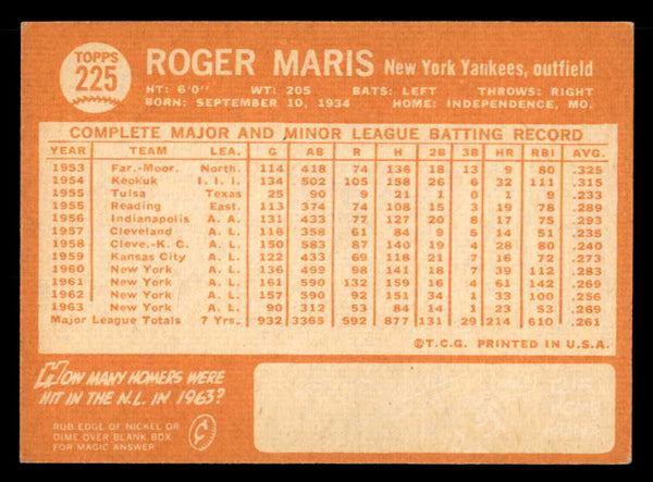 1964 Topps Baseball #225 Roger Maris Yankees EX-MT 539709