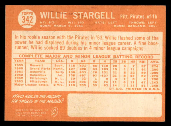 1964 Topps Baseball #342 Willie Stargell Pirates NR-MT 539723
