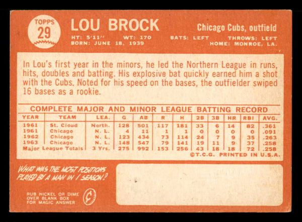1964 Topps Baseball #029 Lou Brock Cubs EX-MT 539725