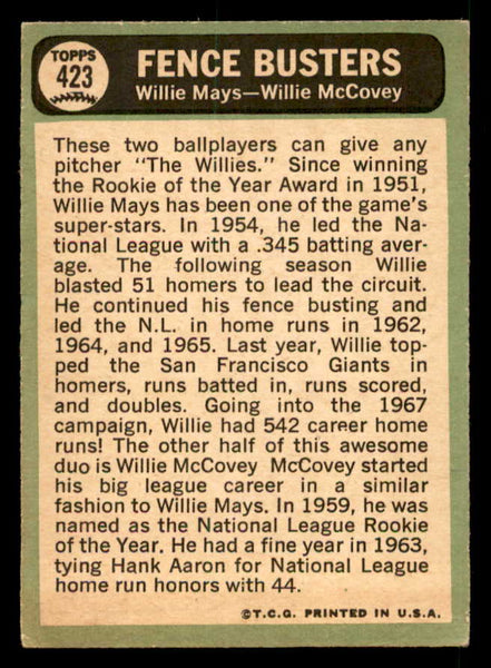 1967 Topps Baseball #423 Willie Mays Willie McCovey VG-EX 539797