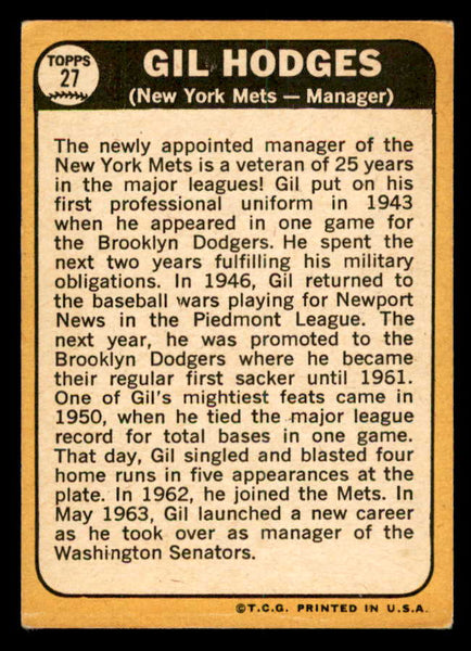 1968 Topps Baseball #027 Gil Hodges Mets VG-EX 539844