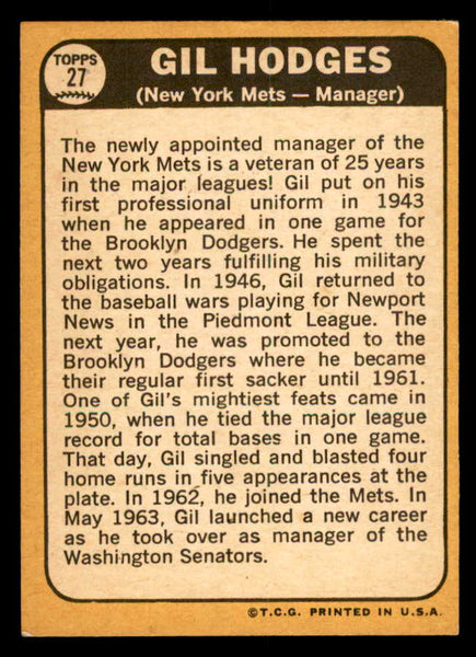 1968 Topps Baseball #027 Gil Hodges Mets VG-EX 539845
