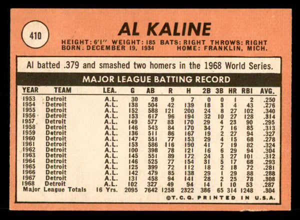 1969 Topps Baseball #410 Al Kaline Tigers EX-MT 539886