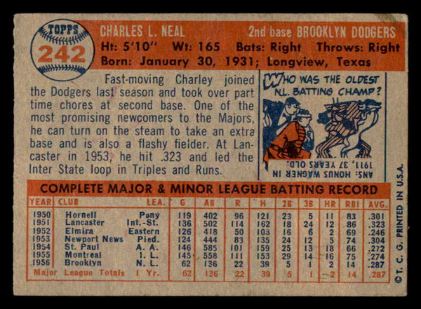 1957 Topps Baseball #242 Charlie Neal Dodgers VG-EX 540019