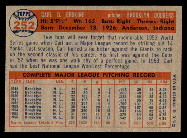 1957 Topps Baseball #252 Carl Erskine Dodgers EX+/EX-MT 540032
