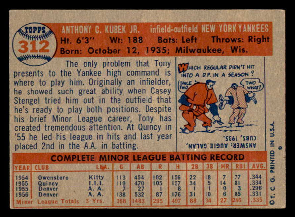 1957 Topps Baseball #312 Tony Kubek Yankees EX+/EX-MT 540042