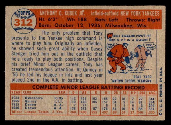 1957 Topps Baseball #312 Tony Kubek Yankees EX+/EX-MT 540044