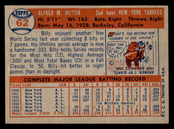 1957 Topps Baseball #062 Billy Martin Yankees EX 540074
