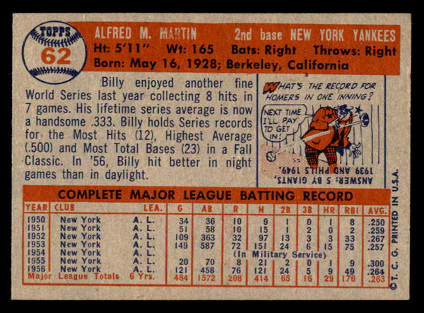 1957 Topps Baseball #062 Billy Martin Yankees EX-MT 540077