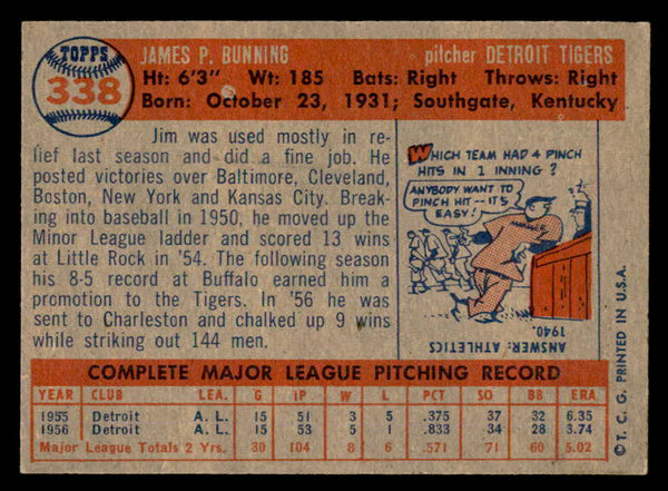 1957 Topps Baseball #338 Jim Bunning Tigers EX-MT 540089