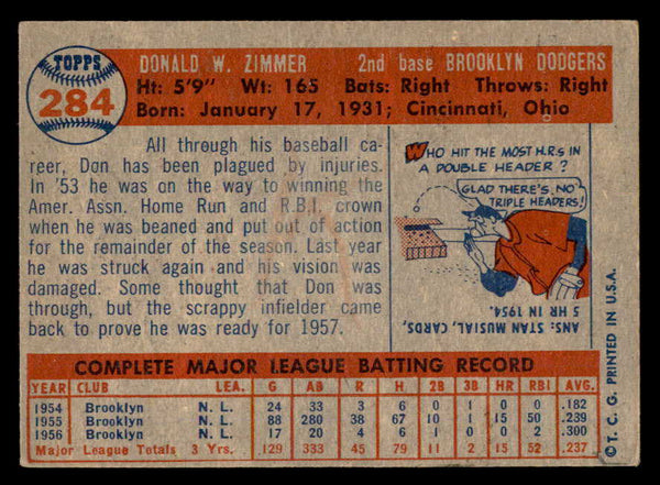 1957 Topps Baseball #284 Don Zimmer Dodgers EX 540106