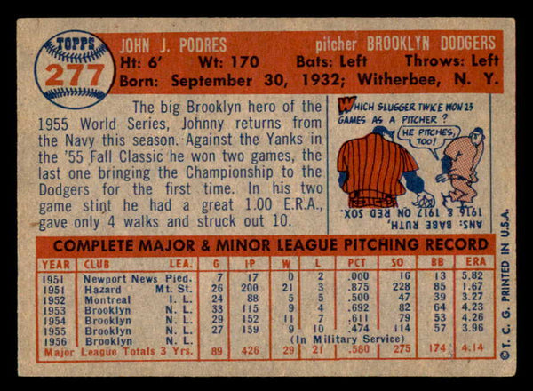 1957 Topps Baseball #277 Johnny Podres Dodgers EX 540113