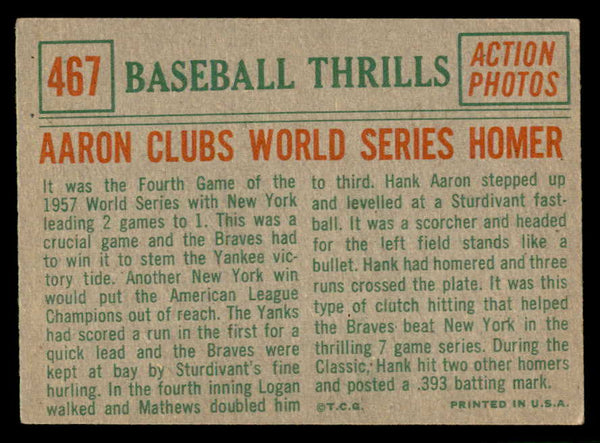 1959 Topps Baseball #467 Hank Aaron IA Braves VG 540195