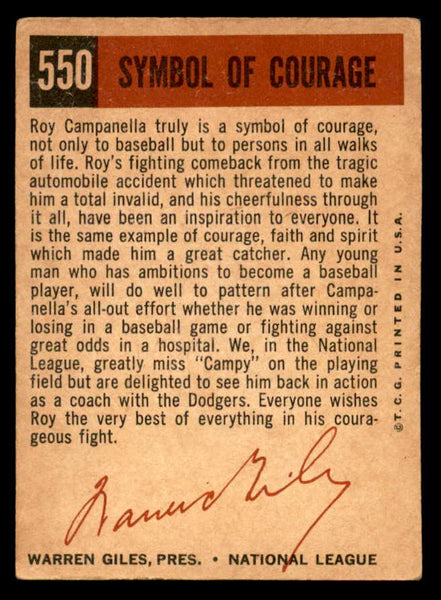 1959 Topps Baseball #550 Roy Campanella Dodgers VG 540201