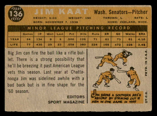 1960 Topps Baseball #136 Jim Kaat Senators VG 540241