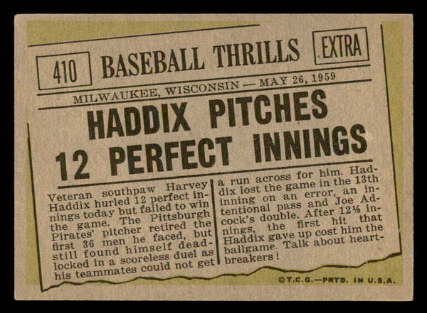 1961 Topps Baseball #410 Harvey Haddix IA Pirates EX 540310