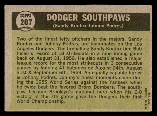 1961 Topps Baseball #207 Sandy Koufax Johnny Podres EX 540319