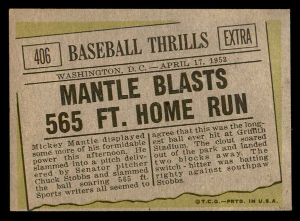 1961 Topps Baseball #406 Mickey Mantle IA Yankees EX 540411
