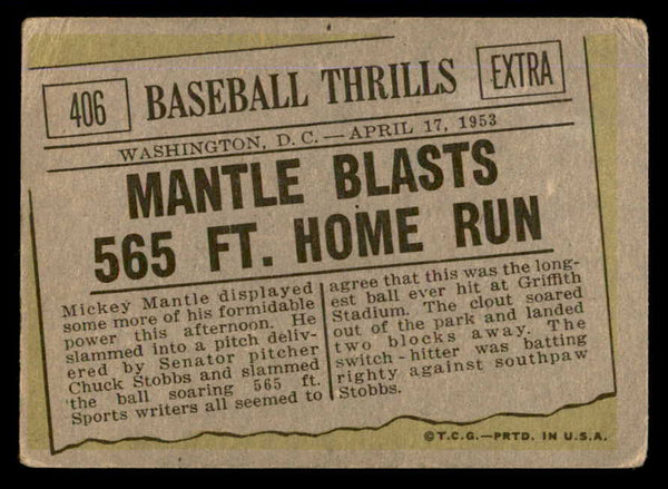 1961 Topps Baseball #406 Mickey Mantle IA Yankees GD-VG 540415