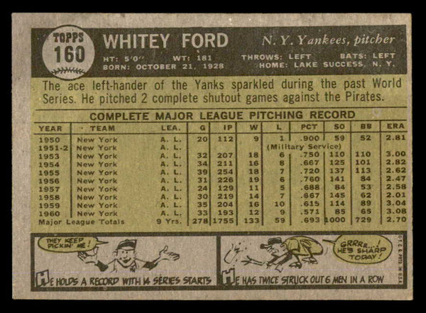 1961 Topps Baseball #160 Whitey Ford Yankees VG-EX 540434