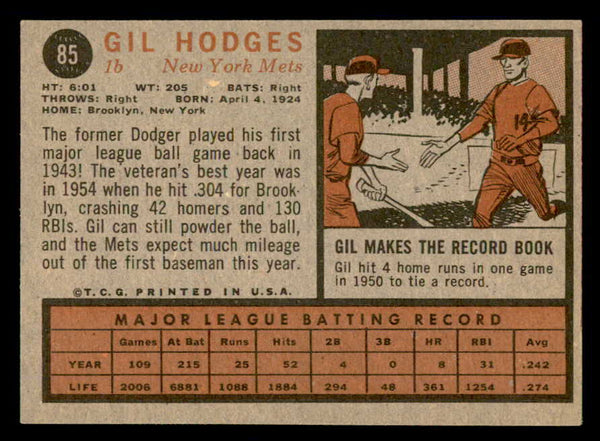 1962 Topps Baseball #085 Gil Hodges Mets VG-EX 540471