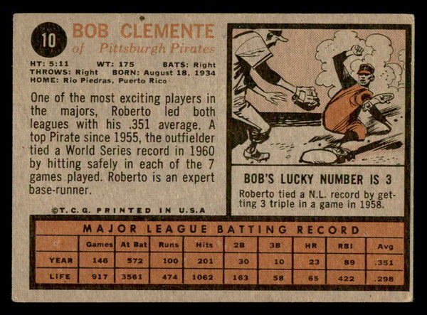 1962 Topps Baseball #010 Roberto Clemente Pirates VG 540482