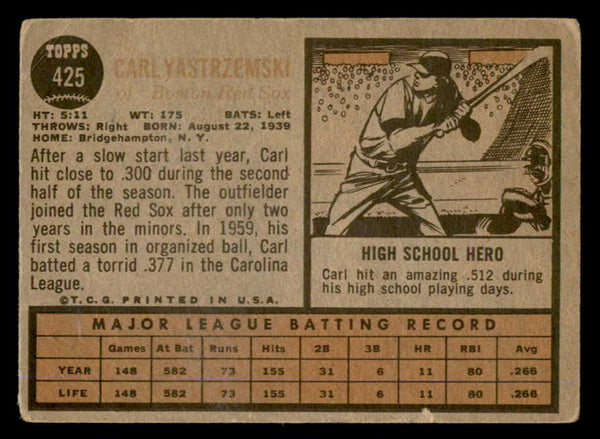 1962 Topps Baseball #425 Carl Yastrzemski Red Sox VG 540507