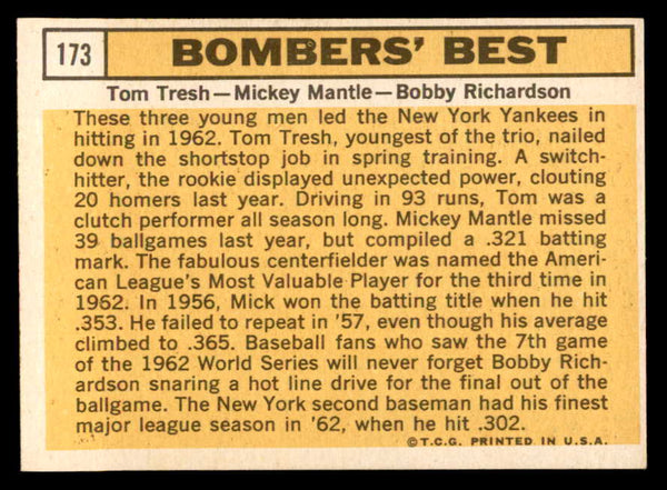 1963 Topps Baseball #173 Mickey Mantle Bobby Richardson EX 540566
