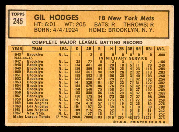 1963 Topps Baseball #245 Gil Hodges Mets EX 540607