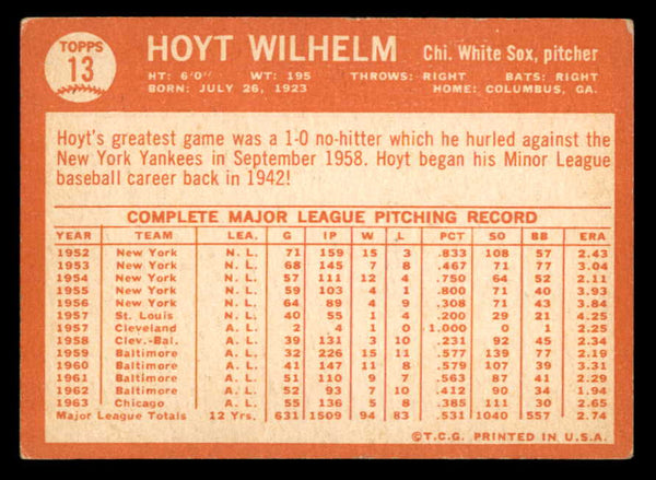 1964 Topps Baseball #013 Hoyt Wilhelm White Sox EX 540680
