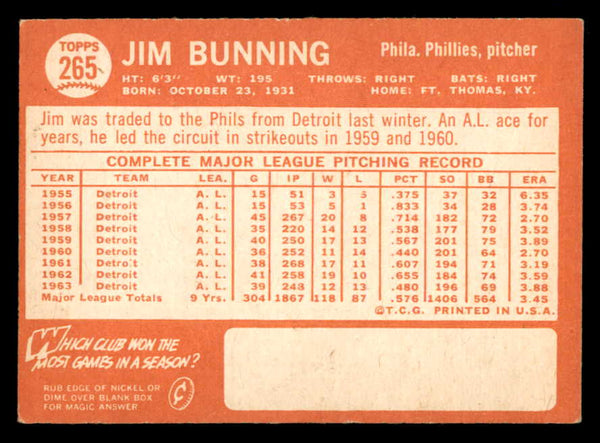 1964 Topps Baseball #265 Jim Bunning Phillies EX+/EX-MT 540683